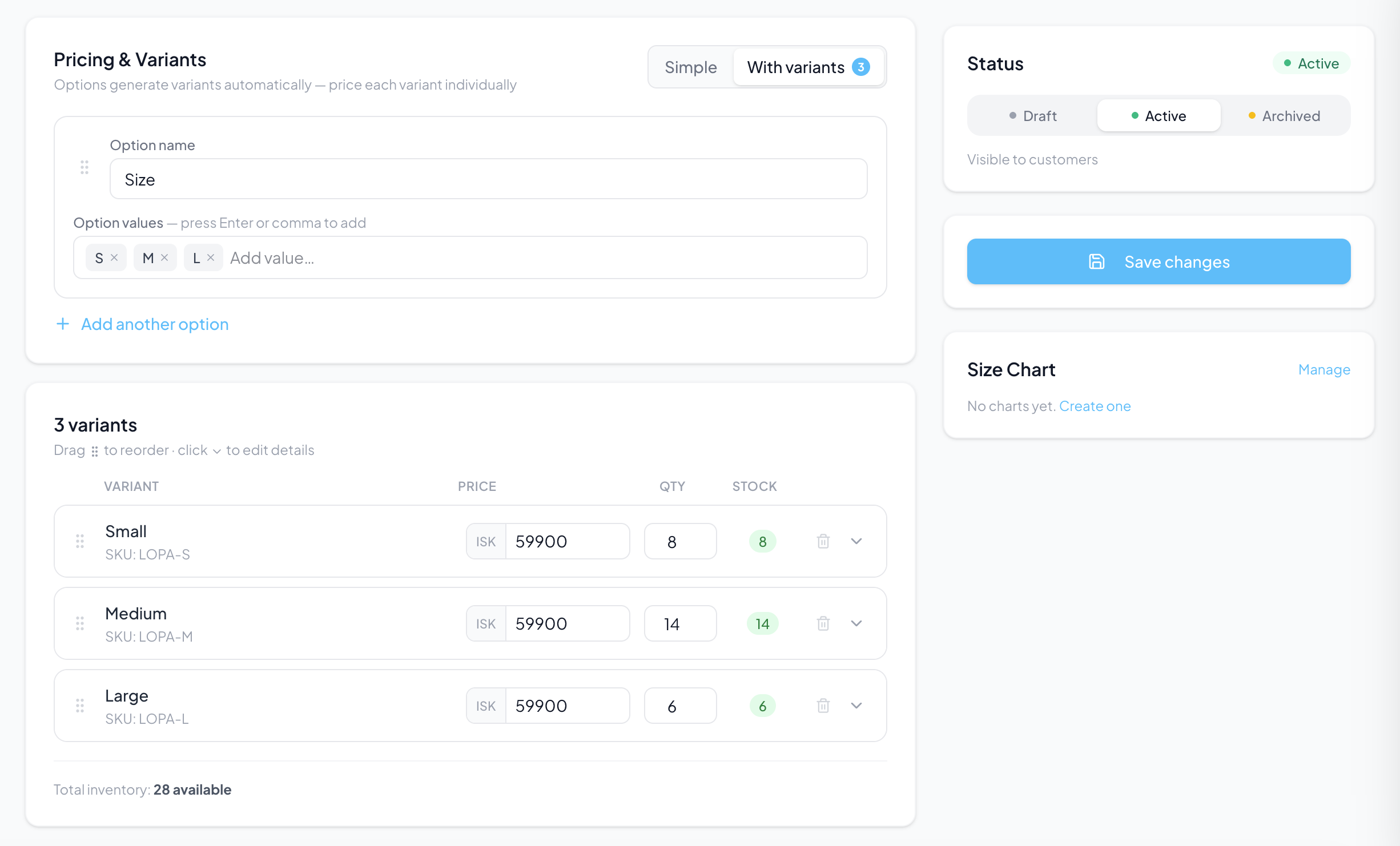 Product editor — variants, images & video